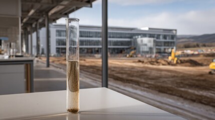 Fototapeta premium Soil Test Tube Placed on Lab Table With Blurred Construction Site View in Background During Soil Analysis Process