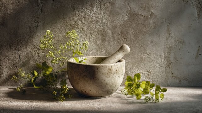 Stone mortar and pestle with herbs and plants against a textured wall