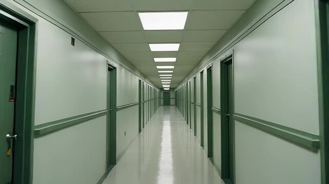 Endless interior hallway featuring rows of identical closed doors and bright overhead fluorescent lights, creating a sense of isolation and undefined space