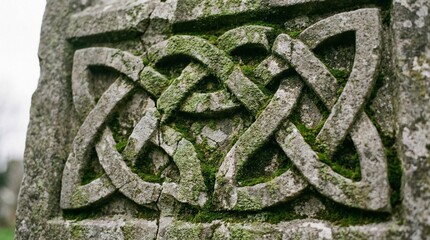 Intricate Celtic knot pattern carved on ancient stone monument