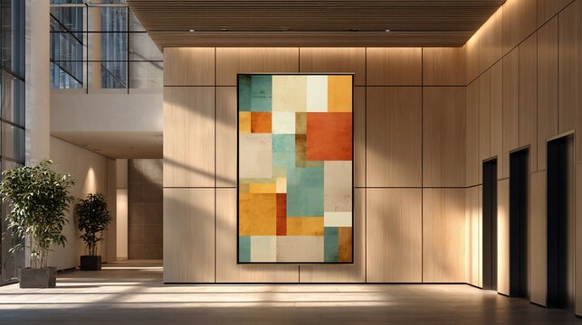 Modern interior of a building lobby. Sunlight filters into hallway with artwork & elevators