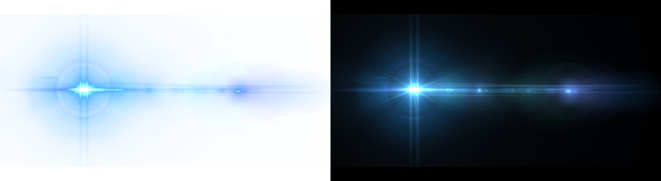 PNG image of&nbsp;Bright intense blue lens flare effect with horizontal light streaks emanating outwards on transparent background