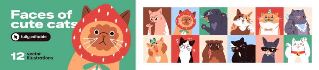 Collage of cute cats portraits. Set of funny kitties avatars. Comic faces on kittens with different emotions. Happy, sad, crying and angry pets. Thinking and shocked animals. Flat vector illustrations © Paper Trident
