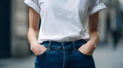 Close up of woman wearing blue denim jeans and white t shirt with rolled sleeve, hands in pocket, casual urban fashion look photographed indoors for retail catalog, lifestyle branding