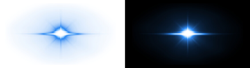 PNG image of Brilliant blue starburst lens flare emanating from a central bright light source creating horizontal light streaks on transparent background © rehena