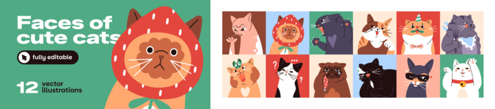 Collage of cute cats portraits. Set of funny kitties avatars. Comic faces on kittens with different emotions. Happy, sad, crying and angry pets. Thinking and shocked animals. Flat vector illustrations