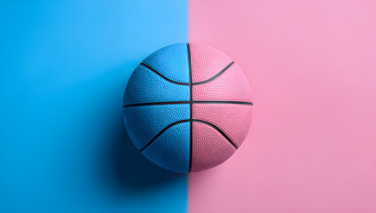 Minimal basketball centered on a split blue and pink pastel background. Creative sports concept with vibrant contrast, modern design, and copy space for branding or advertising.