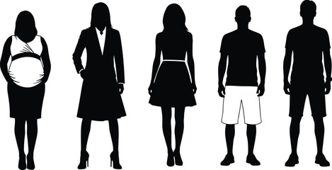 People silhouette set showing different body types ages and lifestyles including pregnant woman for diversity character vector illustration design collection isolated black