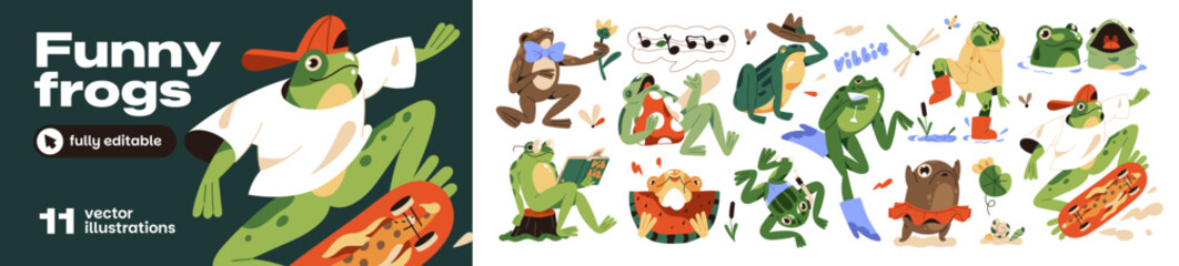 Fototapeta premium Funny frogs set. Cute anthropomorphic toads sing, dance and read. Happy froglets with skateboard, flower, reed, lily leaf and mushroom. Flat isolated vector illustrations on white background