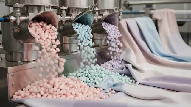 Industrial medium shot capturing pastelcolored masterbatch granules carefully dispensed into extruder hoppers creating soft tinted fabrics with delicate muted tones.