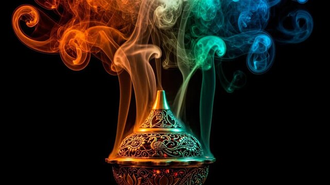 Incense burner with colorful smoke. Spiritual, aromatherapy and meditation concept for relaxation and wellness. Decorative pot with vibrant vapor effect.	
