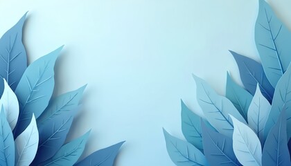 Fototapeta na wymiar Paper cut leaves arranged on light blue backdrop creating modern floral pattern. Soft pastel shades suggest spring summer season, ideal for design projects, decor. Clean abstract composition offers