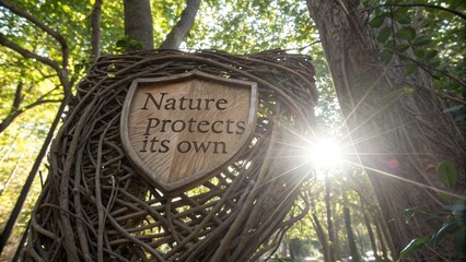 Wooden Shield with 'Nature Protects its Own' Message in Forest
