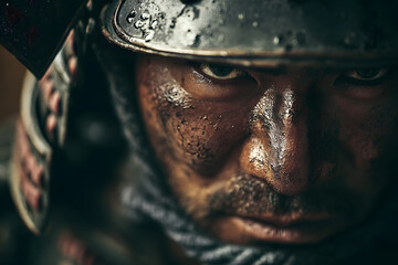 Close view of a warrior in armor during a battle scene in ancient Japan at dawn