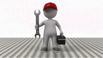 A 3D rendered figure of a mechanic standing upright against a white and gray checkered background.  (1) © Iam