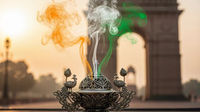 Smoke in the colors of the Indian flag rises from an ornate golden incense burner, with the colors of the Indian flag also visible in the background. Celebrating Indian Independence Day.	
