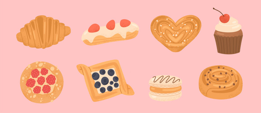 Cute hand-drawn desserts. Sweet pastry collection. Croissant, buns, cupcake, eclair, macaroon icon set in cartoon style. Illustrations for cafe, coffeeshop menu on pink background. Flat vector design 