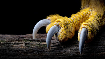 Close-up of yellow bird claws with sharp curved talons gripping wooden surface. Detailed wildlife macro highlighting strength, texture, and natural adaptation in outdoor environment.