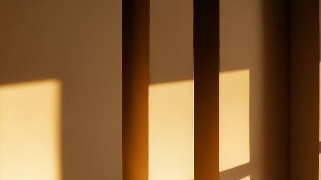 Warm sunlight streaming through a window creating distinct shadows and geometric patterns on a beige wall, reflecting peaceful and minimalist aesthetics indoors