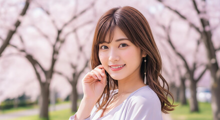 満開の桜並木を背景に春の光を浴びて華やかに微笑む女性