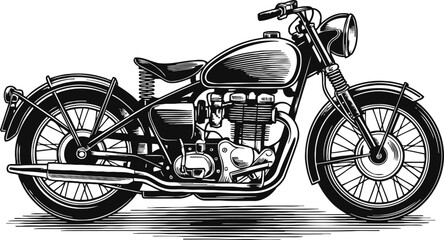 Fototapeta premium Vintage classic motorcycle illustration in black and white with detailed engine and wheels