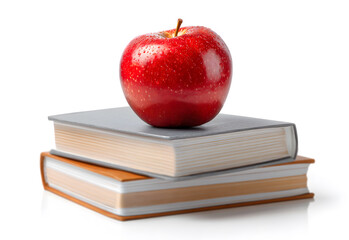 Red apple on stacked books isolated on white background, education and back to school concept symbolizing knowledge, learning, teaching, and healthy lifestyle.