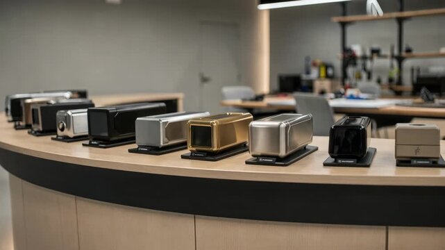 Medium shot of a display rail featuring polished refurbished pieces capturing the final stage of resale preparation in a stylish circular workspace.