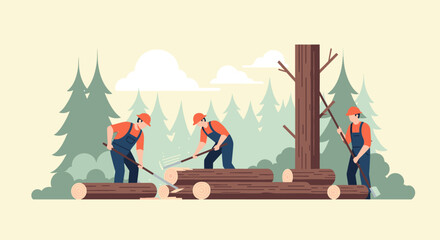 Fototapeta premium Forestry workers logging scene in flat style with trees and lumber