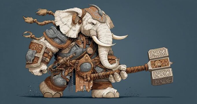 Illustration of white and brown Elephant vector warrior with hammer