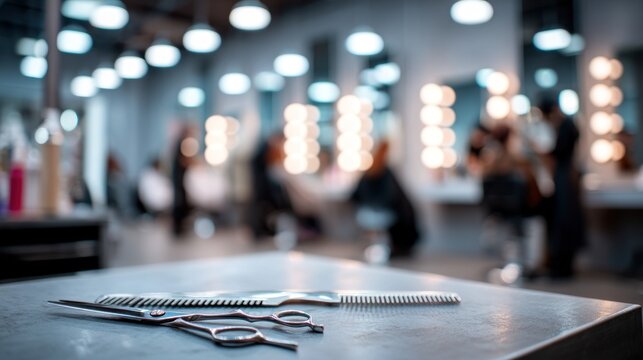 Hair salon tools on table with blurred background of customers and lights