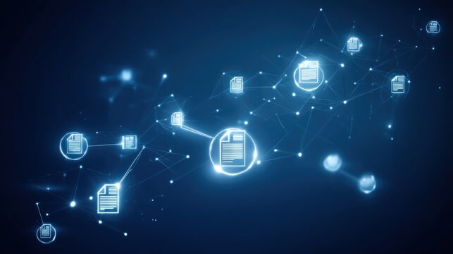 Abstract illustration of data network and digital documents on transparent background