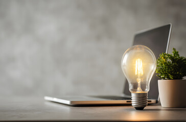 Glowing light bulb on wooden table beside laptop and green plant in modern office workspace during daytime, symbolizing bright idea, innovation, business strategy, startup inspiration