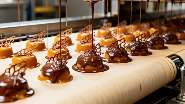 Medium angle view of a dripstyle chocolate enrobing process creating delicate drizzle patterns over caramel centers aligned on a belt.