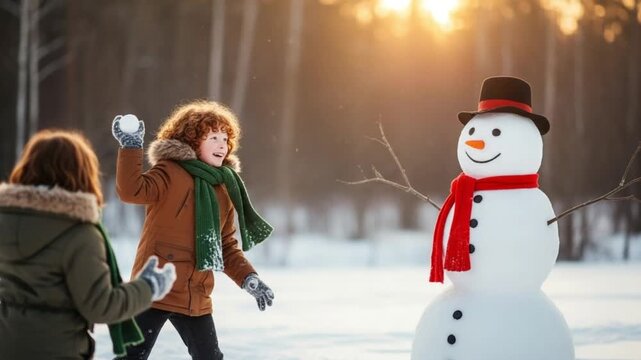 Two children playing with snowballs next to a snowman in a snowy forest on a sunny winter day