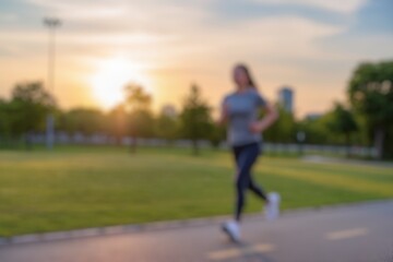 Obraz premium Defocused Active young woman jogging in a city park with sunset background, healthy outdoor workout lifestyle concept.