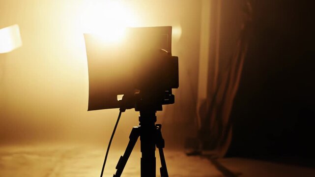 Professional video camera with matte box and lens on a tripod standing in a studio, illuminated by warm backlights creating a smoky, cinematic atmosphere