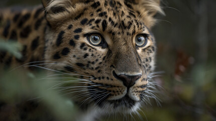Obraz premium Intense gaze of a leopard in the forest greenery close up.