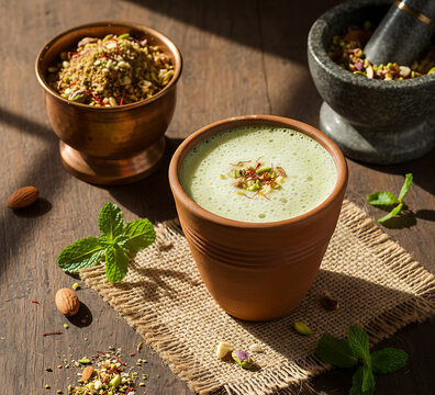 Traditional bhang lassi drink for Holi Rangpanchami celebration on dhulivandan/Holi pournima