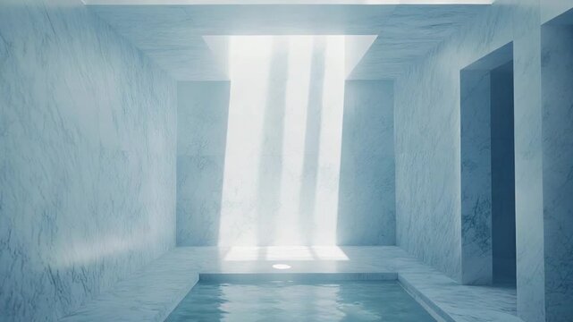 Indoor marble pool bathed in soft skylight beams, minimalist spa retreat with cool blue water, pristine surfaces and tranquil, contemporary luxury atmosphere