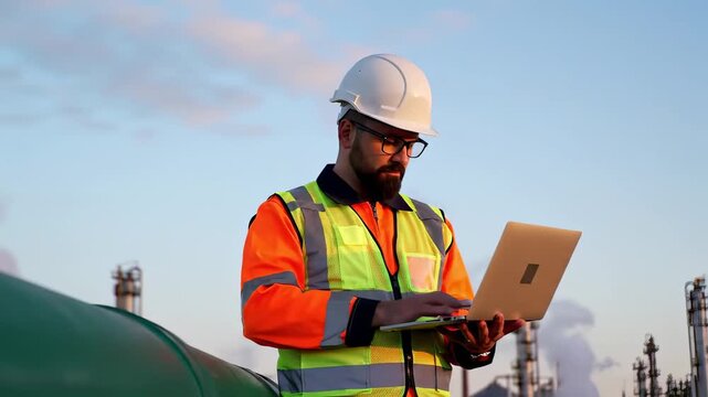 Industrial engineer with safety helmet working on laptop outdoors