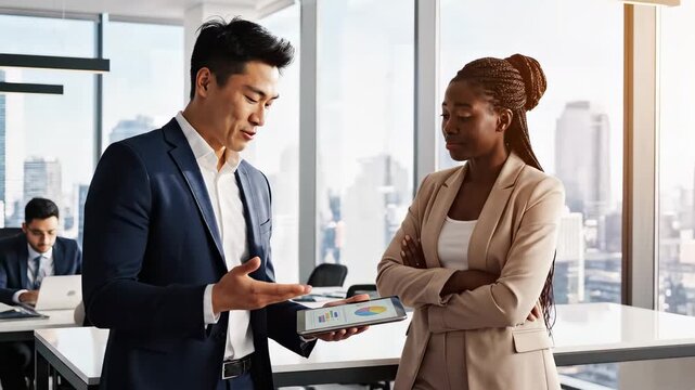 Two young diverse business professionals discussing project details on a digital tablet in a bright office