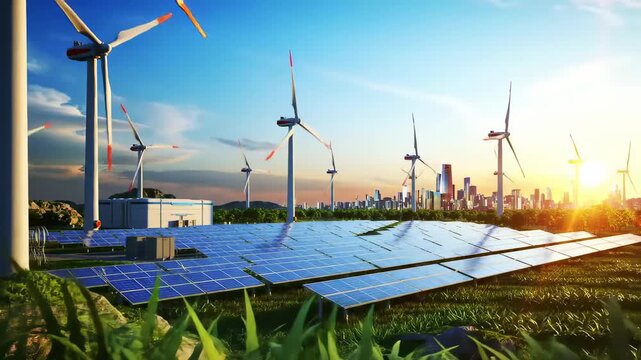 Renewable energy concept with wind turbines and solar panels near city