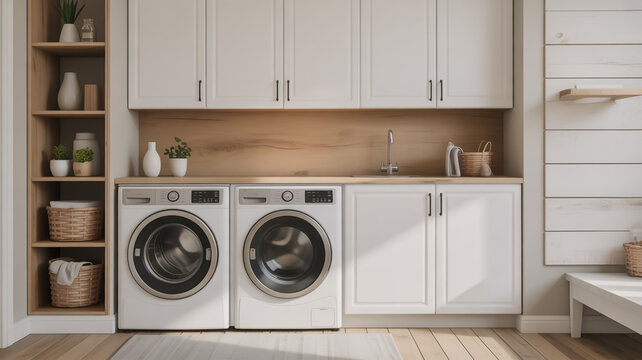 White washing machine and dryer in a modern laundry room with wooden cabinets and shelves