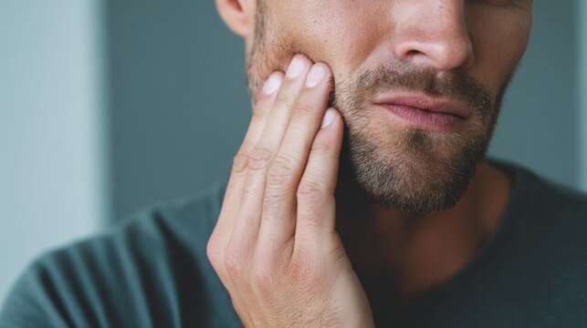 Man touching face showing discomfort and pain close up view health issues