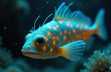 Fototapeta premium Close up of a small, glowing fish with large eyes swims in dark blue water. Bioluminescent orange spots dot its light blue body. Marine life, ocean depths, and underwater worlds.