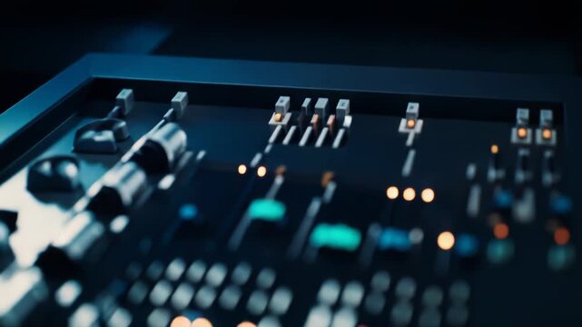 Sound engineer working with complex audio routing, numerous cables connected to a professional mixing console and patch panel, creating music in a recording studio focusing on technology