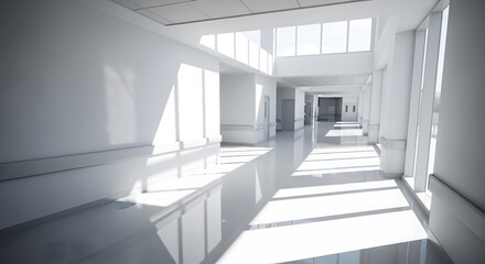 Obraz premium Bright Modern Hospital Corridor with Sunlight and White Walls
