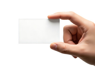 Hand holding blank white business card isolated
