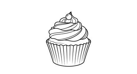 Hand-drawn sketch of a delicious cupcake with swirling frosting and a cherry on top, isolated on white background.