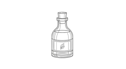 Hand-drawn sketch of a glass potion bottle with cork stopper and leaf label
